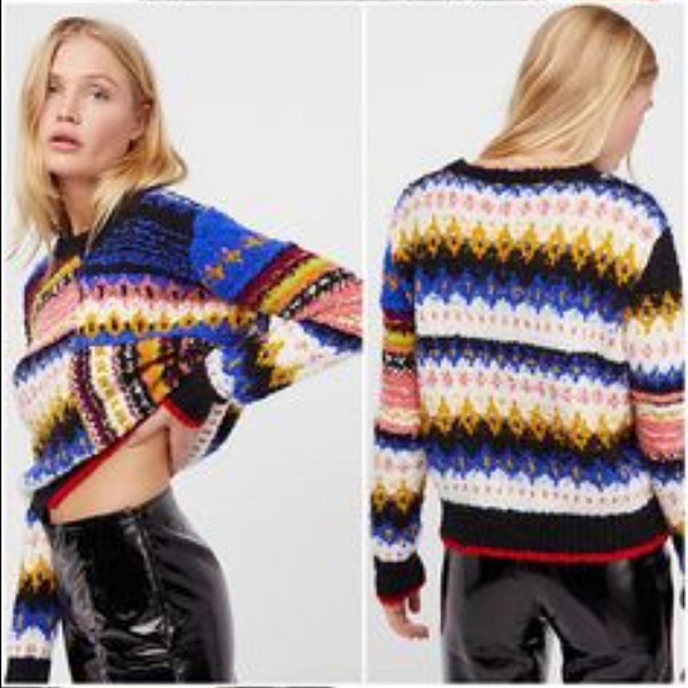 Free People Best Day Ever Alpaca Knit Sweater Medium Patchwork Like New